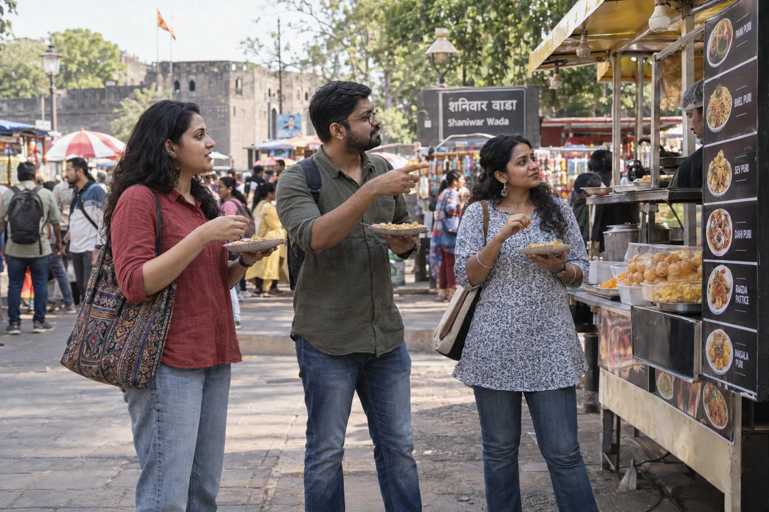 Adults enjoying street food at a busy public market in daylight