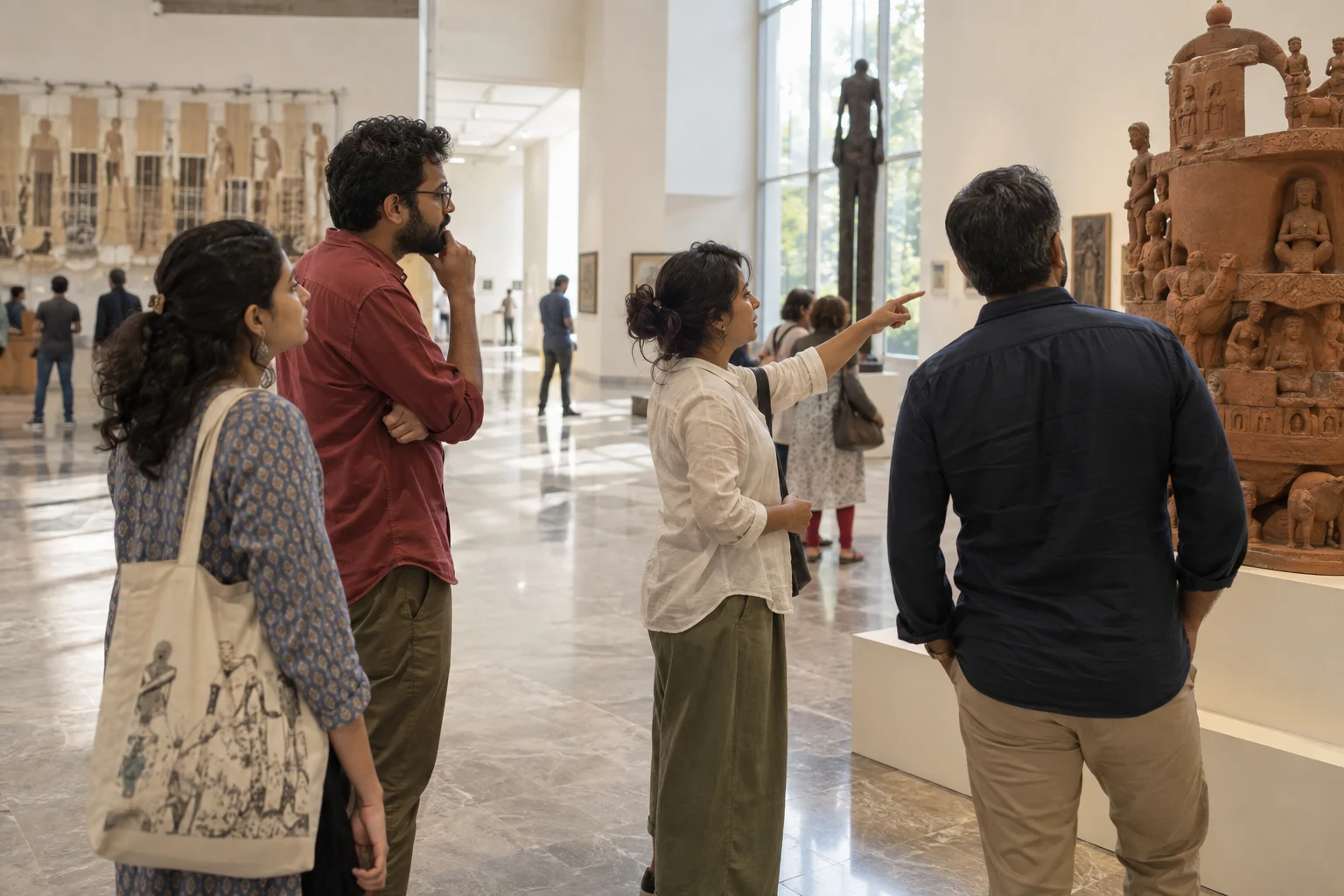 A group exploring a sculpture exhibition in a public museum
