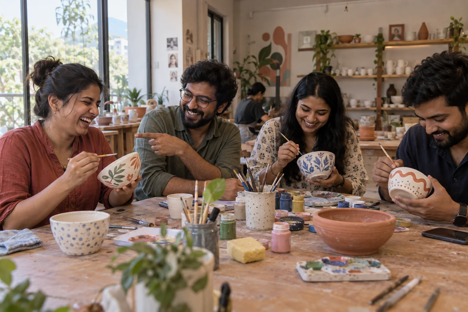 Four adults painting ceramics together at a public art workshop