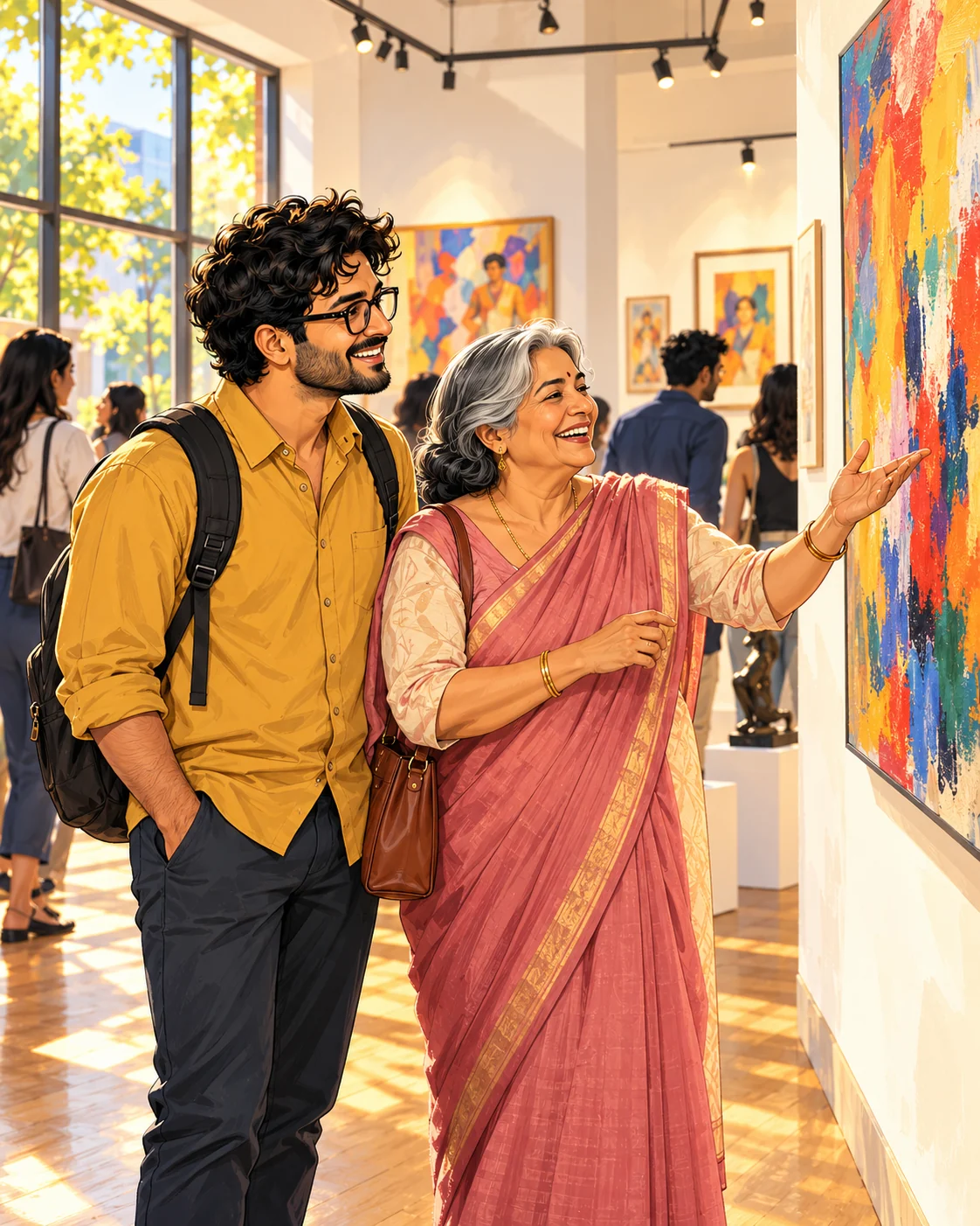 An older woman and a young man admiring a large painting in a gallery