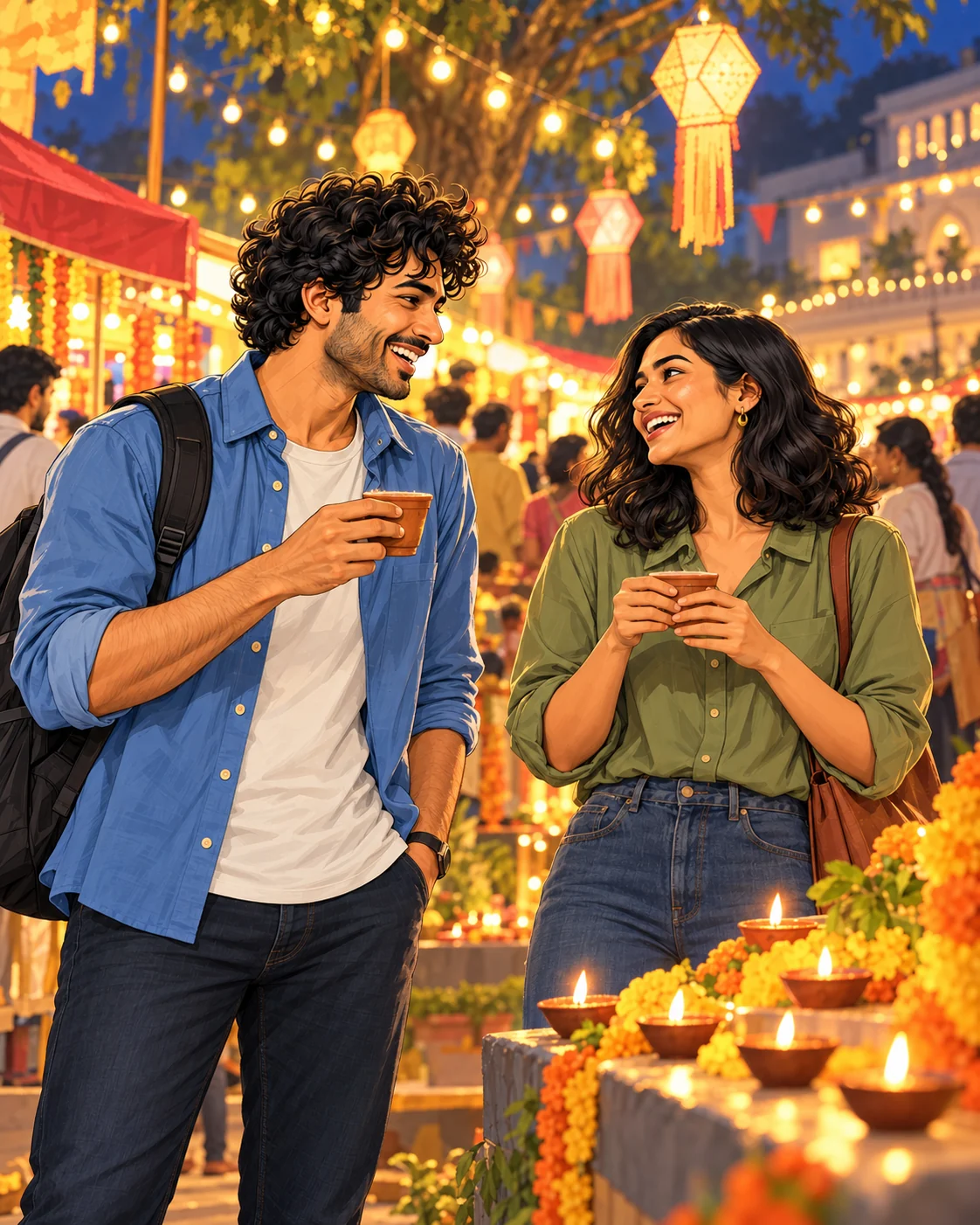 Two friends sharing chai at a festive evening fair lit with string lights