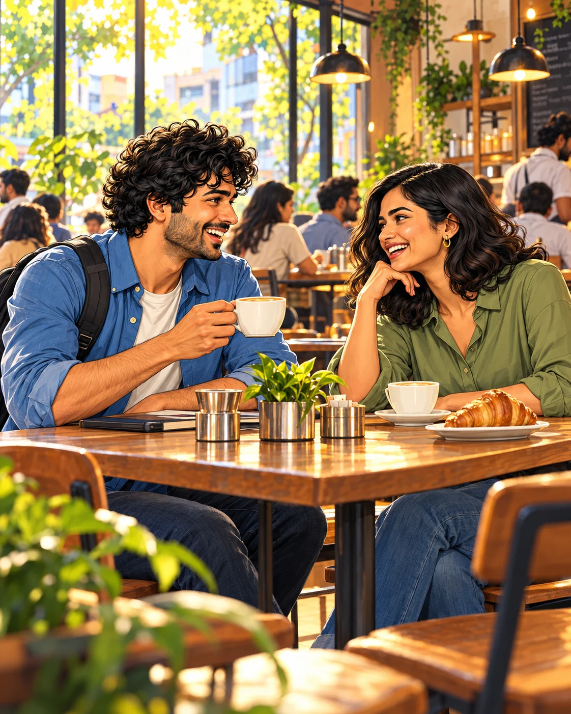 Two friends laughing over coffee at a sunny café table