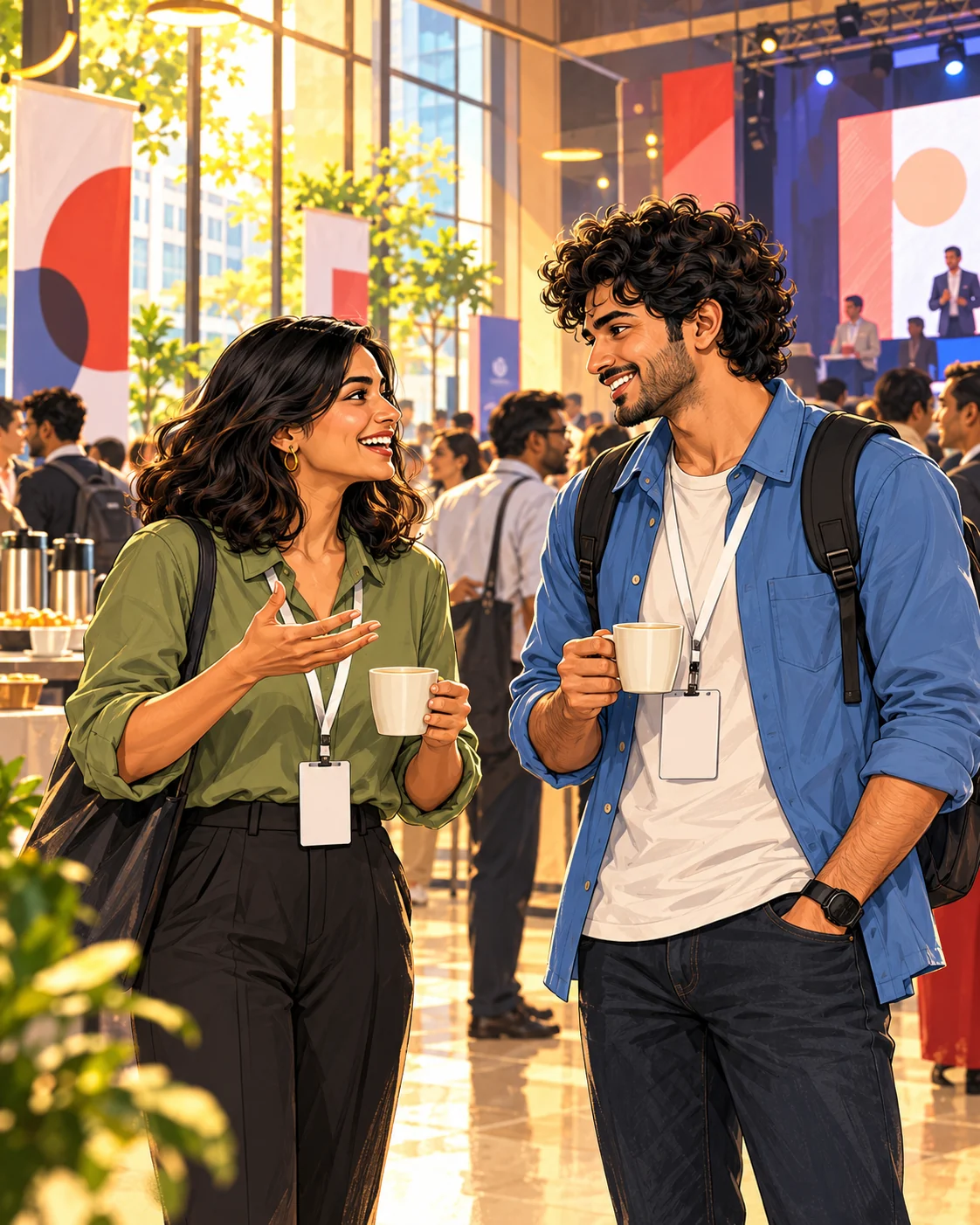 Two attendees with lanyards chatting over coffee in a conference foyer