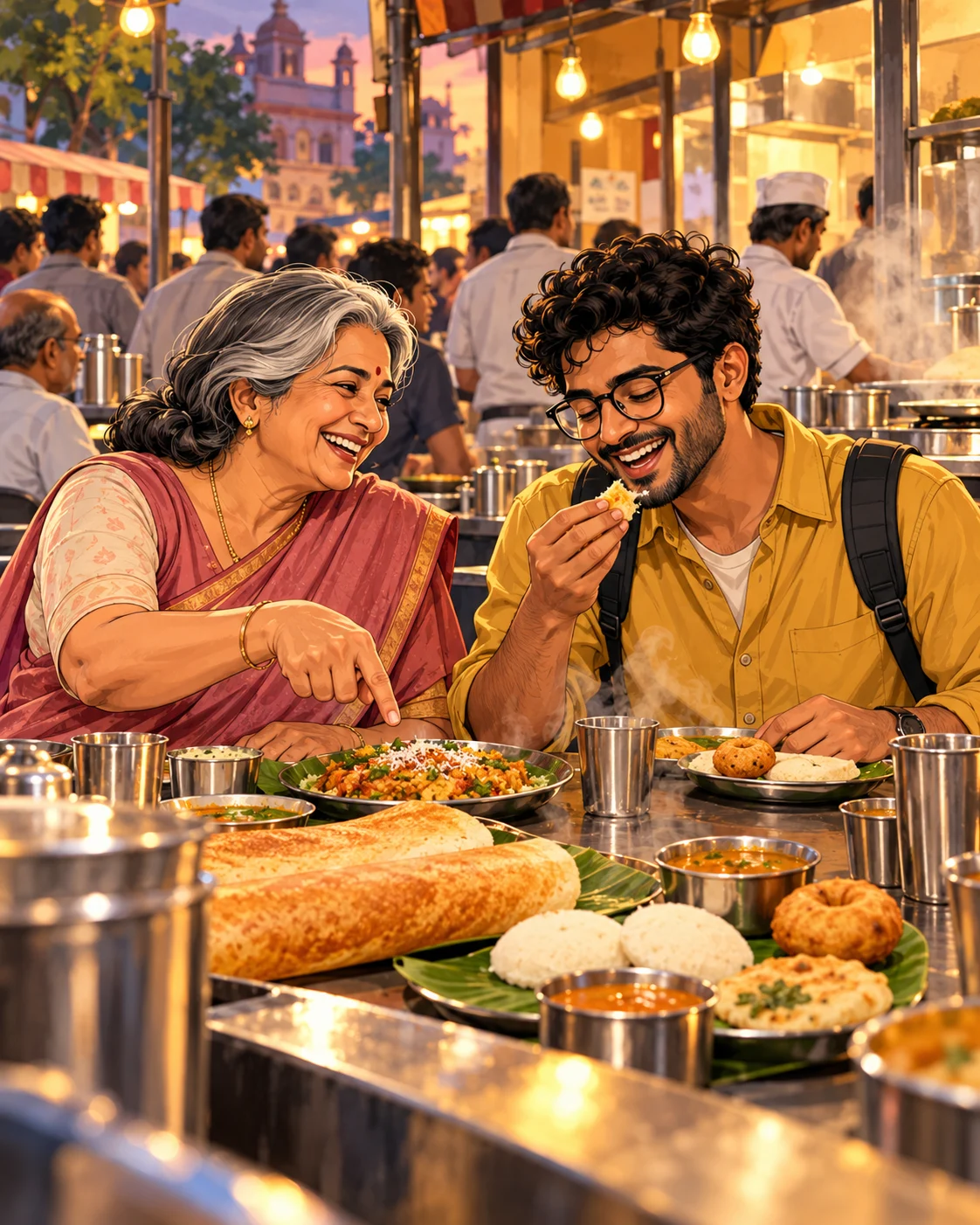 An older woman in a sari and a young man trying dosas at a busy food counter