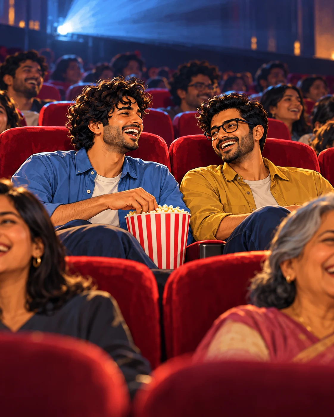 Two young men laughing in red cinema seats with a tub of popcorn