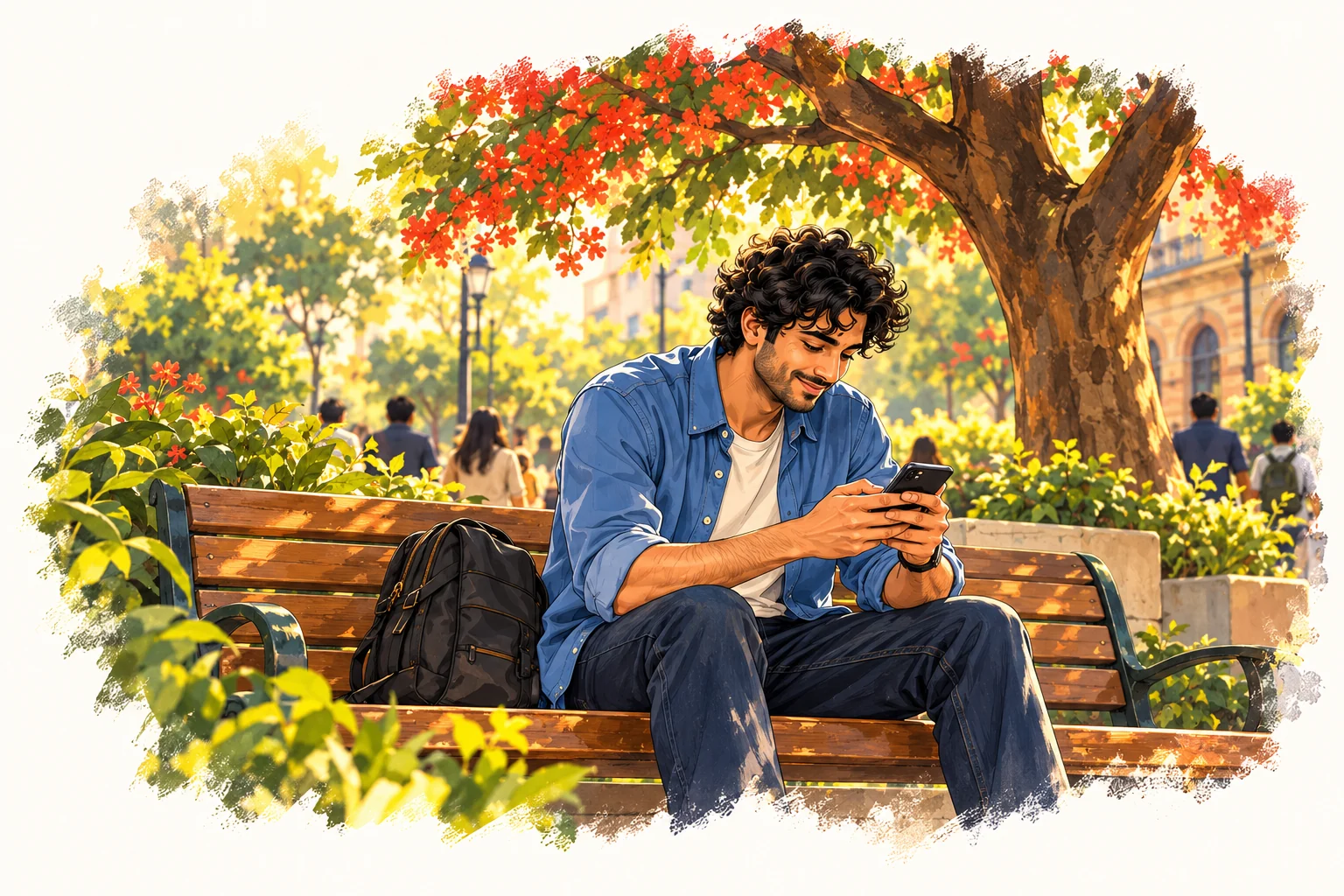 Illustration of a young man on a park bench at golden hour, looking at his phone