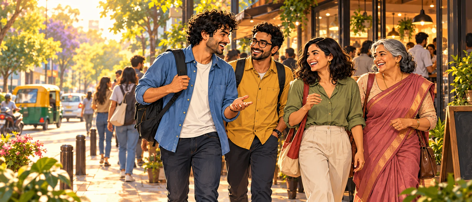 A group of friends of different ages walking out of a café onto a tree-lined city street at golden hour
