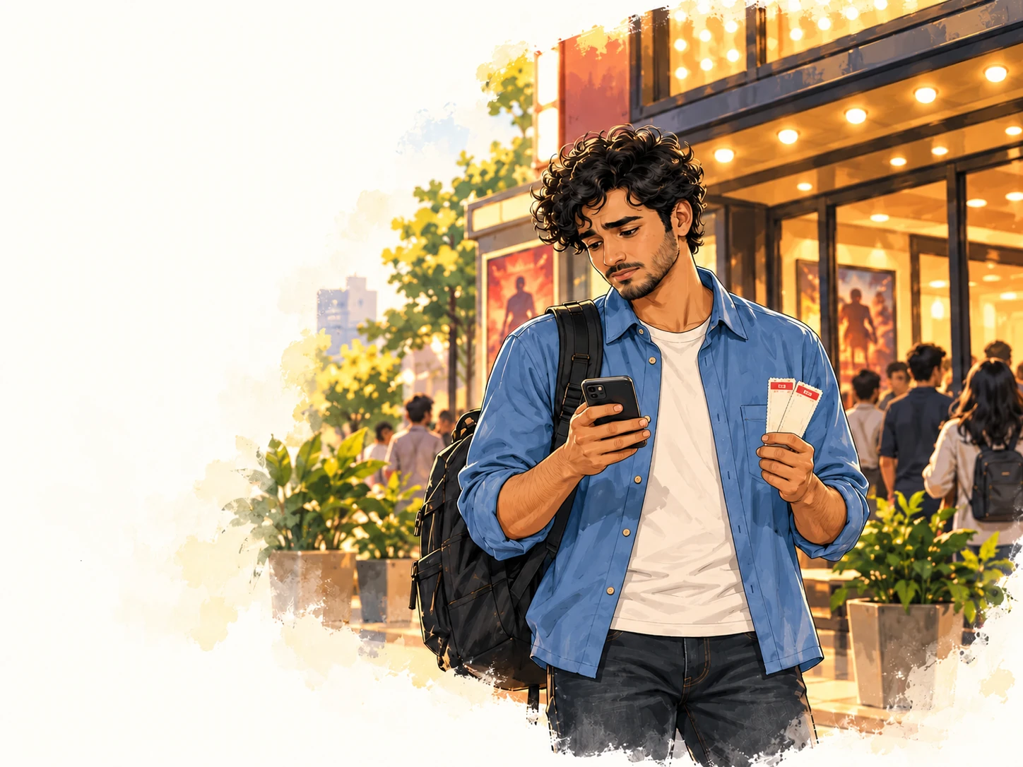 Illustration of a young man outside a cinema at dusk, holding two movie tickets and reading his phone, a little let down