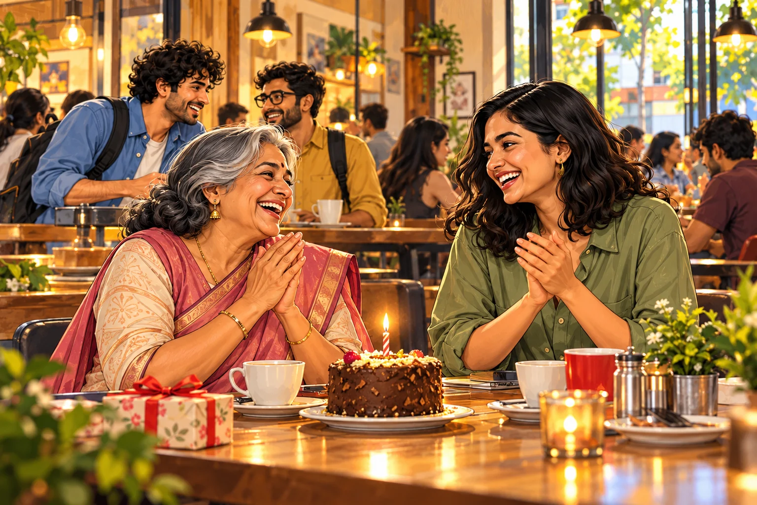 A mother in a sari laughing beside a small birthday cake with her buddy at a café