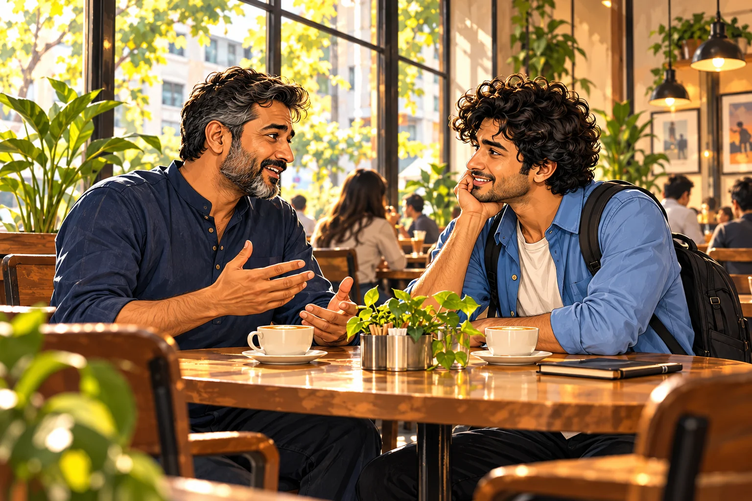 A father in his forties talking openly with a buddy over coffee by a café window