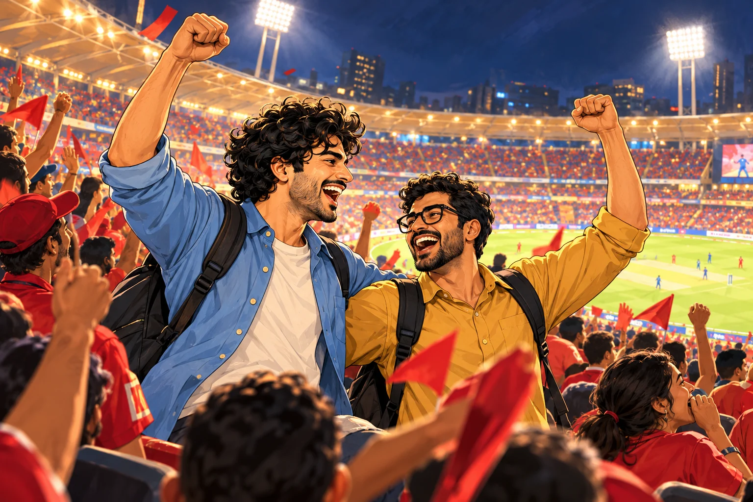 Two cricket fans on their feet cheering in a floodlit stadium