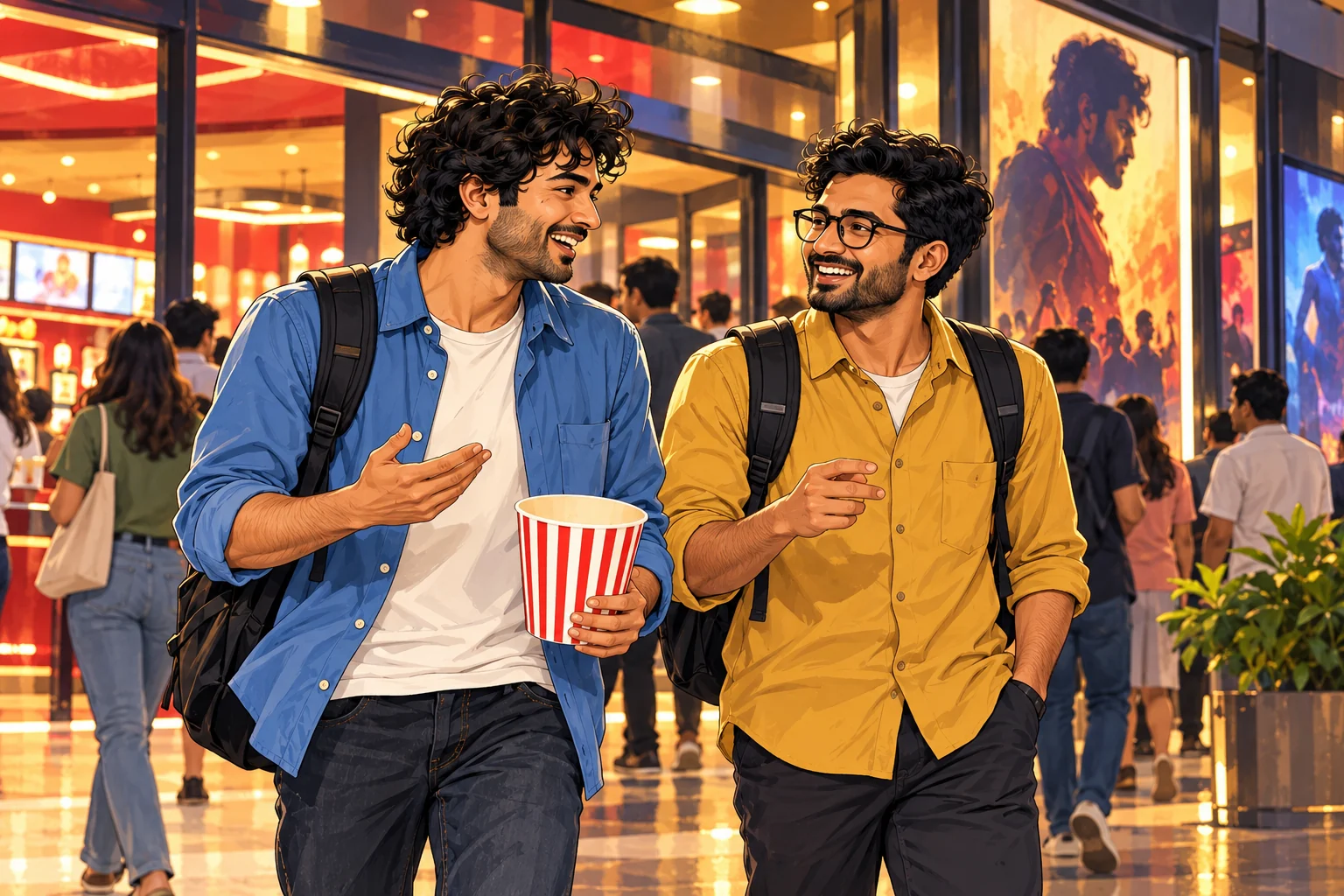 Two young men walking out of a cinema at night, talking about the film