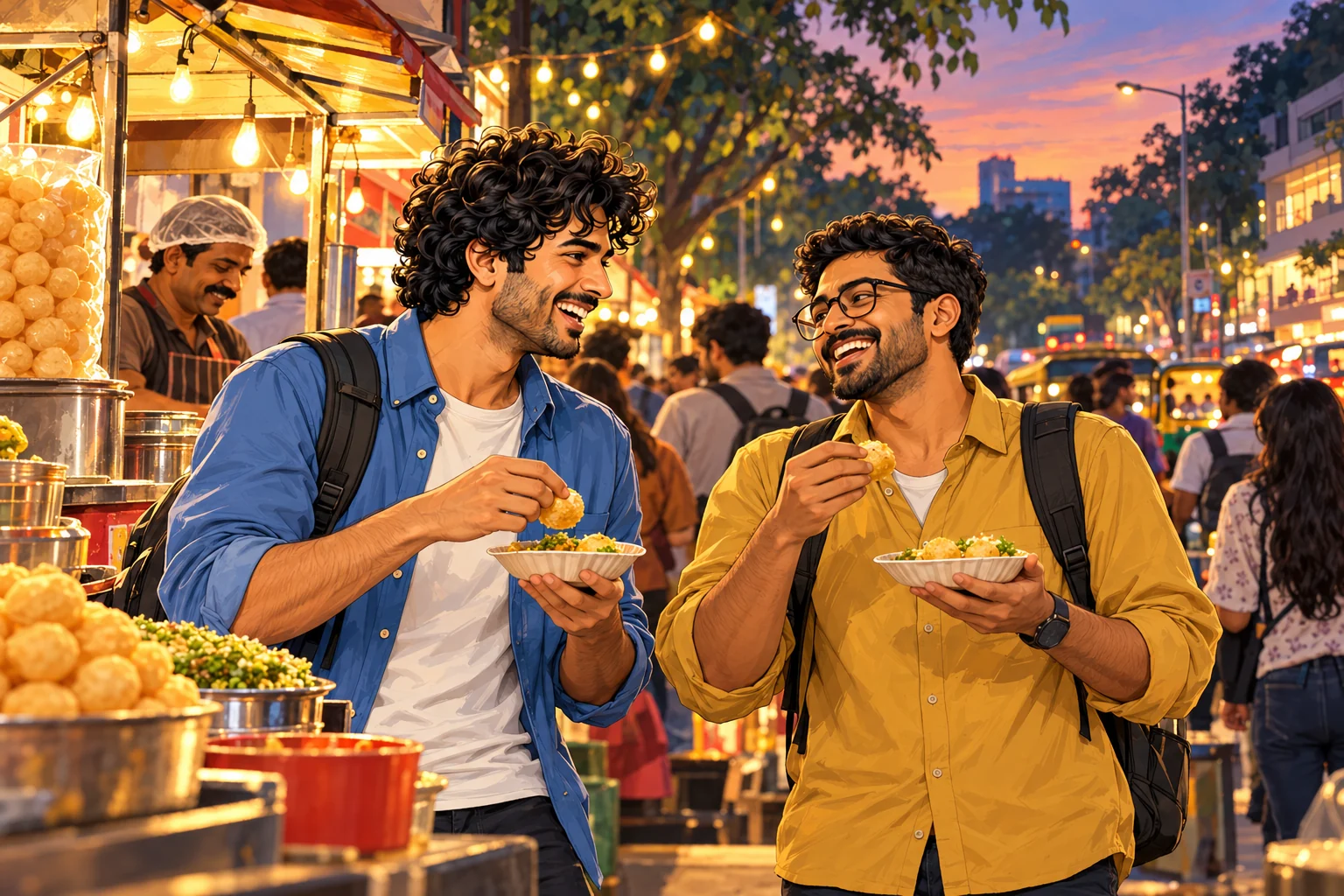 Two young men enjoying evening street snacks under string lights