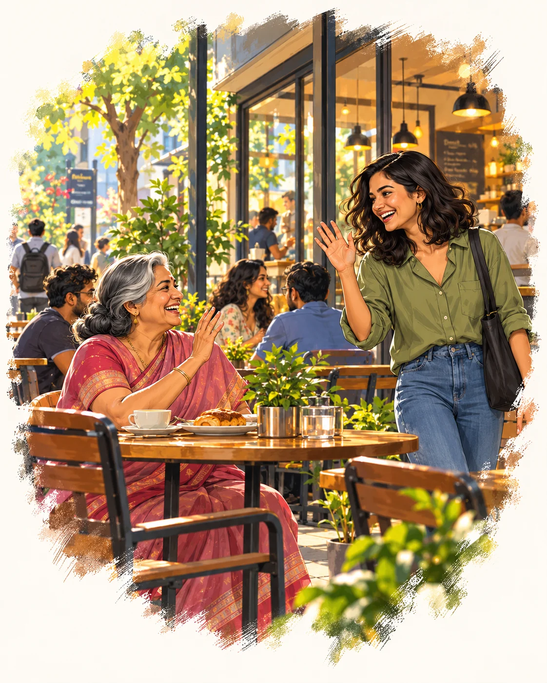 A young woman waving to an older woman seated outside a busy café in daylight