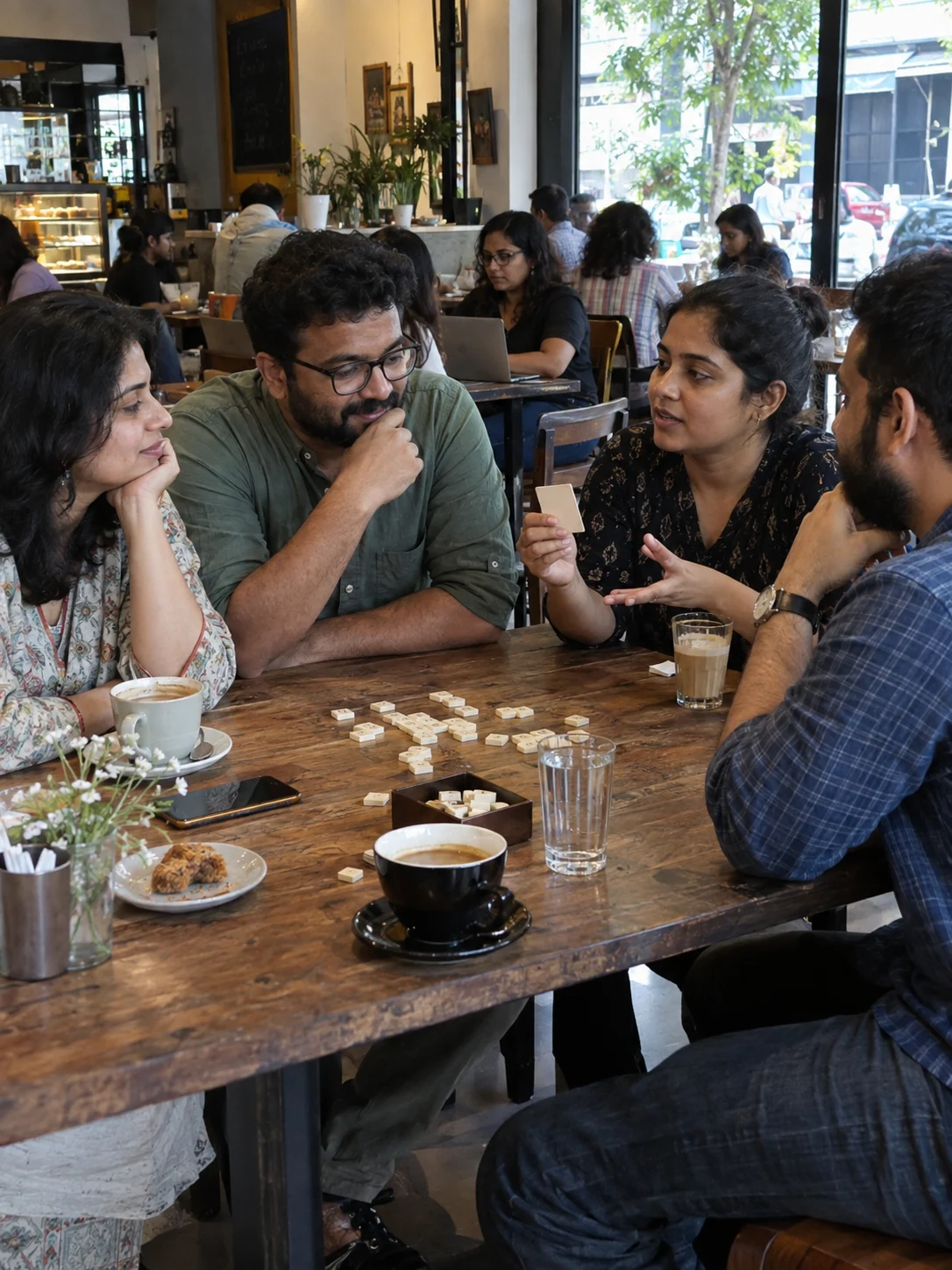 Adults playing a tabletop game at a public café