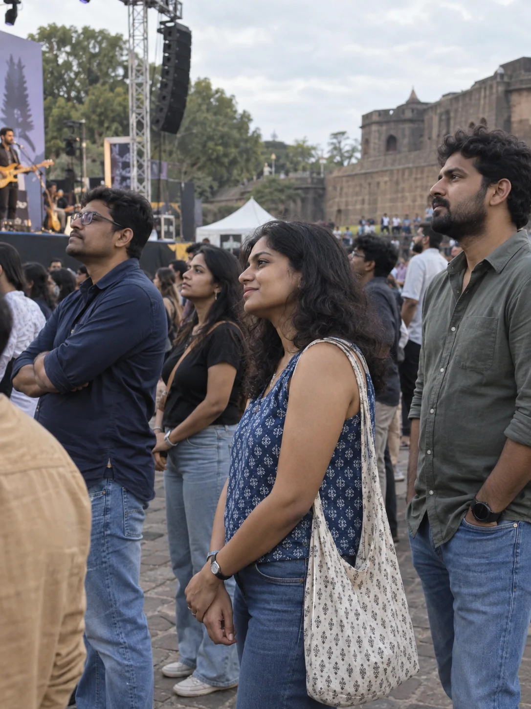 A group watching a daytime outdoor concert