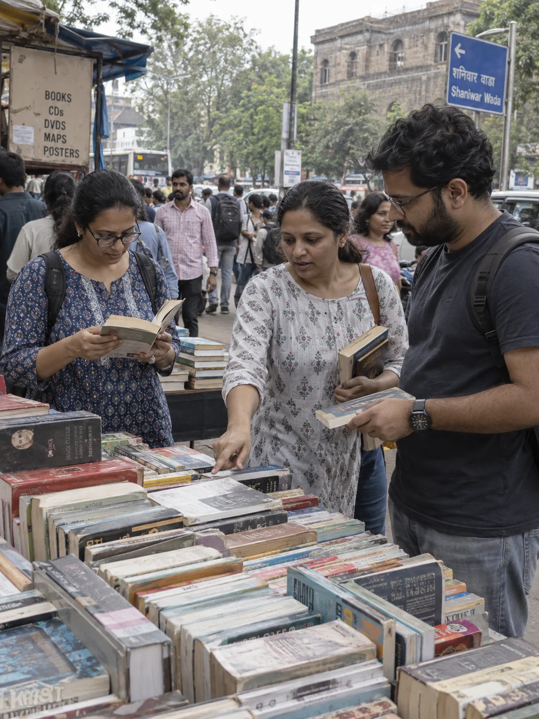 Adults browsing books at a public street market