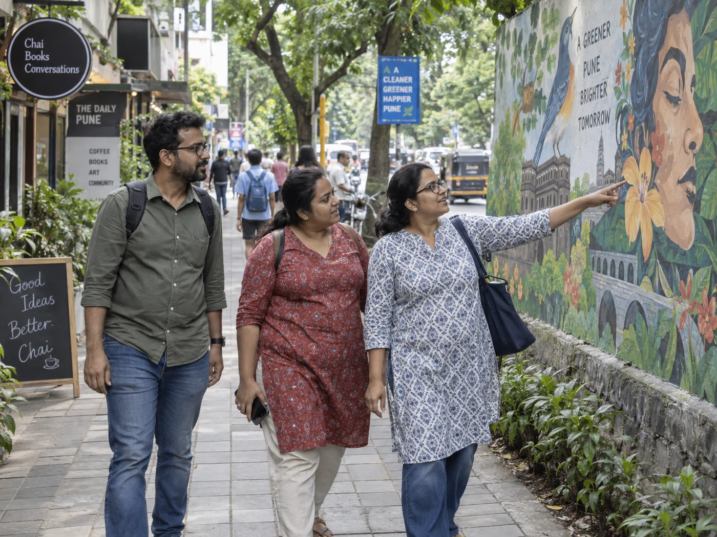 Adults exploring public street art on a neighbourhood walk