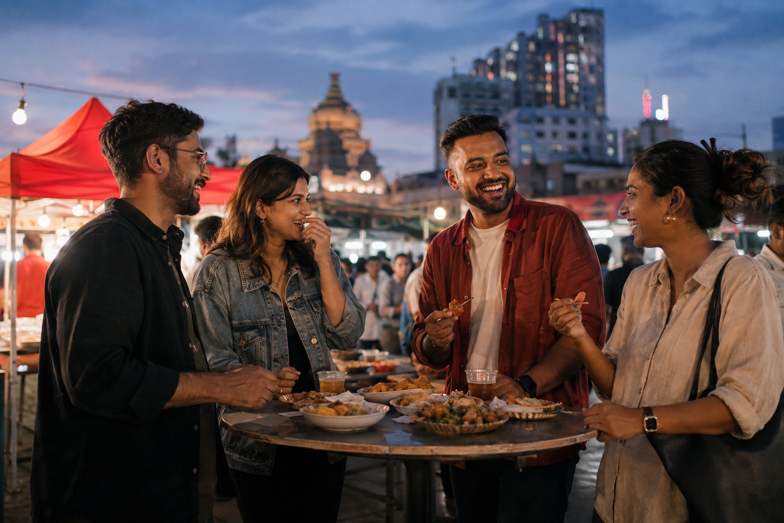 Four friends sharing food at an evening market in Bengaluru